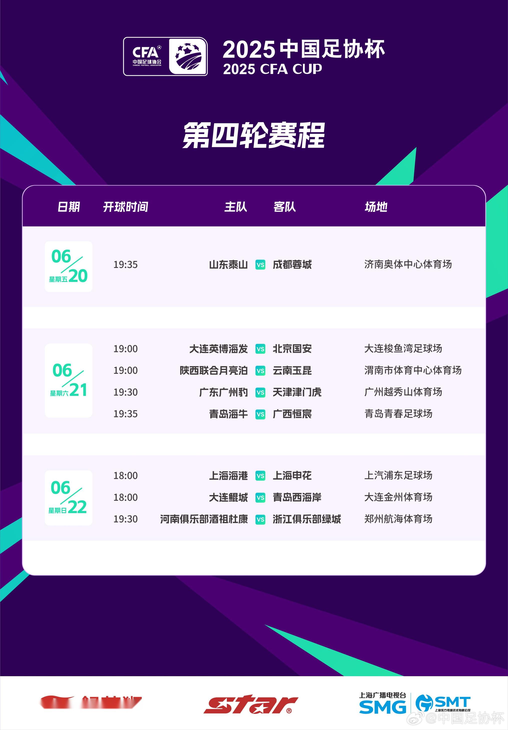 足协杯第四轮赛程：上海德比将于6月22日18点开踢