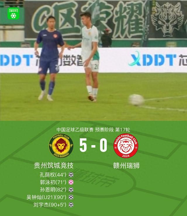 贵州筑城5-0横扫赣州瑞狮，刘宇杰破门吴钟灿替补建功