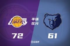 湖人上半场72-61灰熊 东詹里文合轰56分 小皮蓬14分莫兰特低迷
