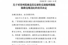 贵州筑城竞技助教陈隆辱骂助理裁判 被禁赛5场并罚款2.5万元