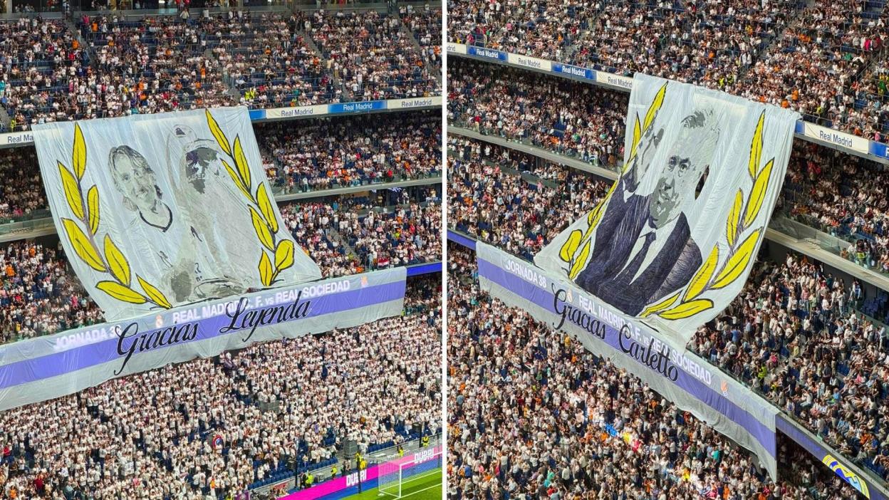 皇马球迷为安帅和莫德里奇举起送别TIFO